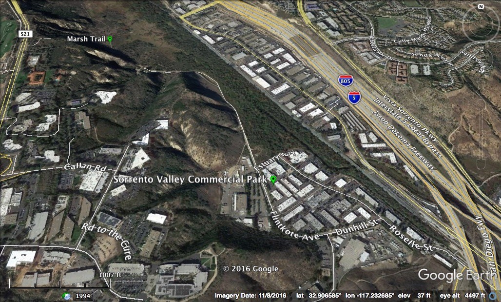 Click on this image for driving directions to the Sorrento Valley Commercial Park. Image by Google Earth.